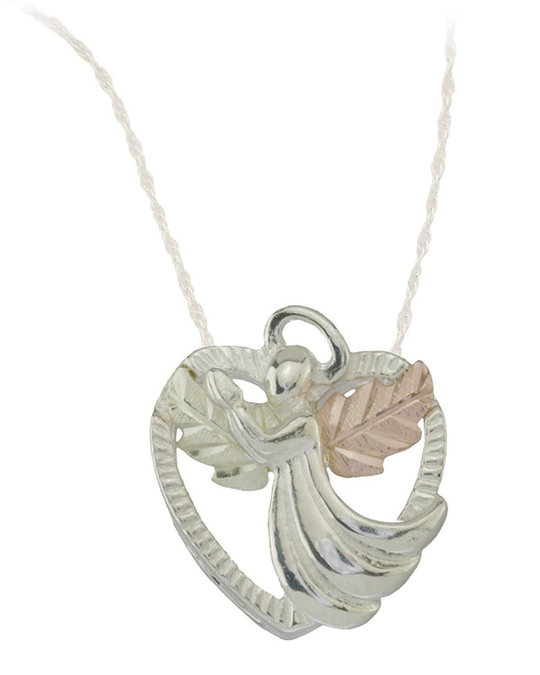 Angel Heart Pendant Necklace, Sterling Silver, 12k Green and Rose Gold Black Hills Gold Motif, 18''