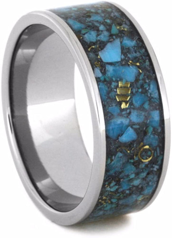 Crushed Turquoise and 14k Yellow Gold Inlay 10mm Comfort-Fit Titanium Wedding Band, Size 6.5