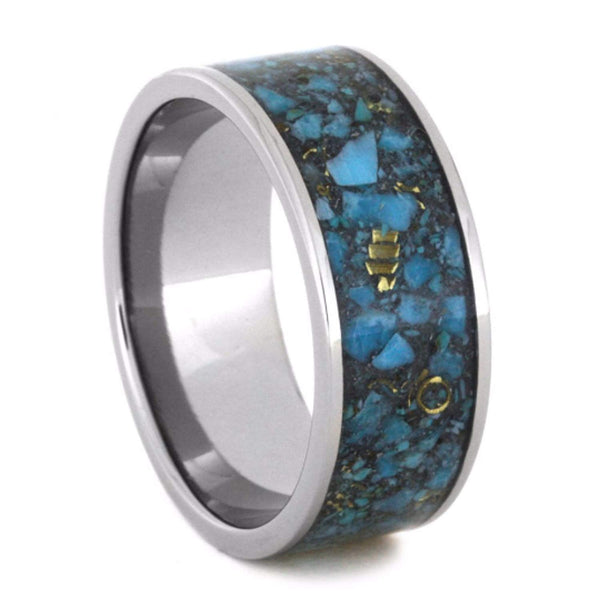 Crushed Turquoise and 14k Yellow Gold Inlay 10mm Comfort-Fit Titanium Wedding Band