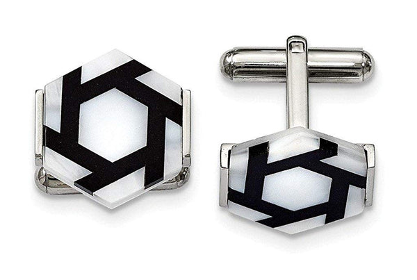 Stainless Steel Mother Of Pearl and Black Agate Hexagon Cuff Links