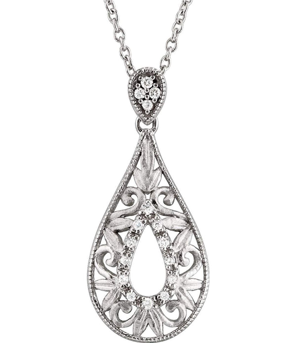 16-Stone Diamond Teardrop Filigree Pendant Necklace, Sterling Silver, 18" (1/10 Ctw)