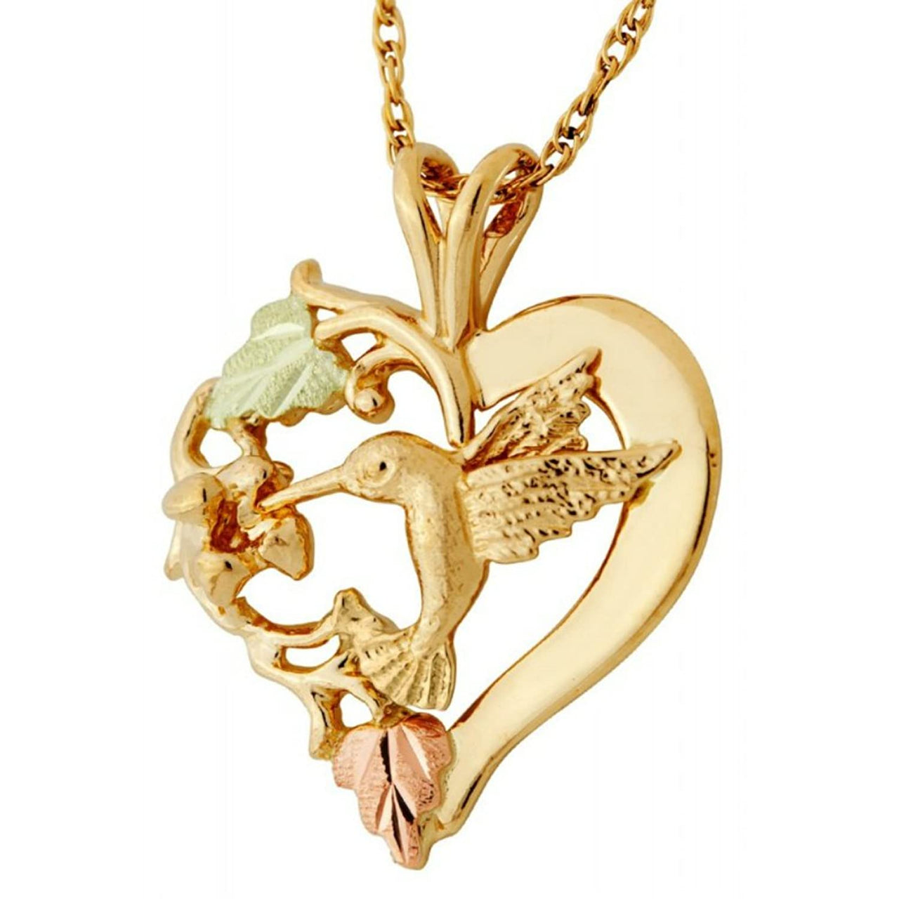 Scrollwork Heart with Hummingbird Pendant Necklace, 10k Yellow Gold, 12k Green and Rose Gold Black Hills Gold Motif, 18"