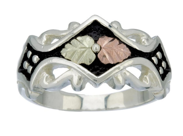 Ave 369 Antiqued Victorian Fancy Band, Sterling Silver, 12k Rose and Green Gold Black Hills Gold