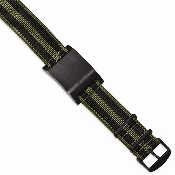 Men's Brushed Stainless Steel Black IP Green Fabric Adjustable ID Bracelet