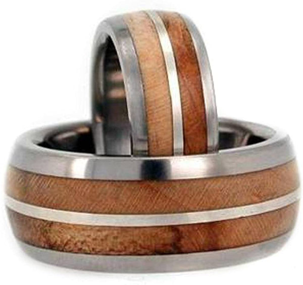 Maple Wood, Sterling Silver Comfort Fit Titanium Couples Wedding Band Set Size, M11-F5.5