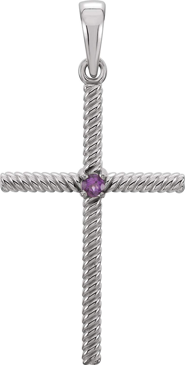 Amethyst Rope-Trim Cross Rhodium-Plated 14k White Gold Pendant (31.95x16.3MM)