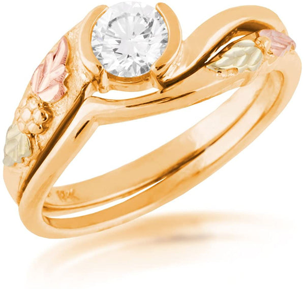 Diamond Bypass Engagement Ring, 10K Yellow Gold, 12k Green and Rose Gold Black Hills Gold Motif, Size 4.75