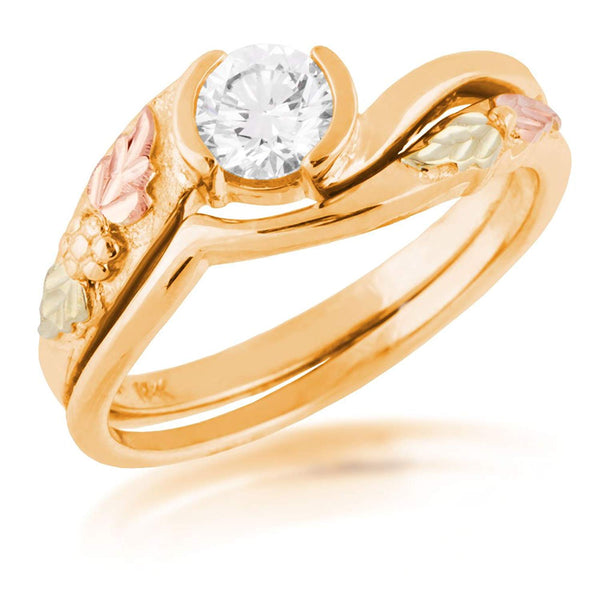 Diamond Bypass Engagement Ring, 10K Yellow Gold, 12k Green and Rose Gold Black Hills Gold Motif, Size 6.75