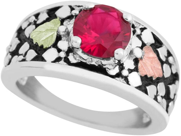 Ave 369 Antiqued Created Ruby Ring, Sterling Silver, 12k Green and Rose Gold Black Hills Gold Motif