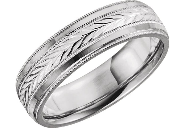 Swiss-Cut Chevron Comfort Fit 6mm Milgrain 14k White Gold Band