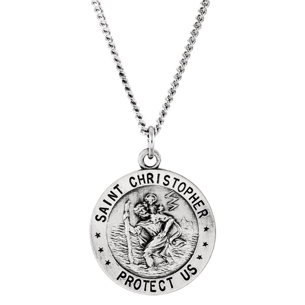 Sterling Silver Round St. Christopher U.S. Marine Corps Medal Necklace, 18" (18 MM)