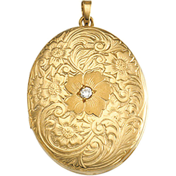 14k Yellow Gold, Diamond, Floral Engraved Oval Locket