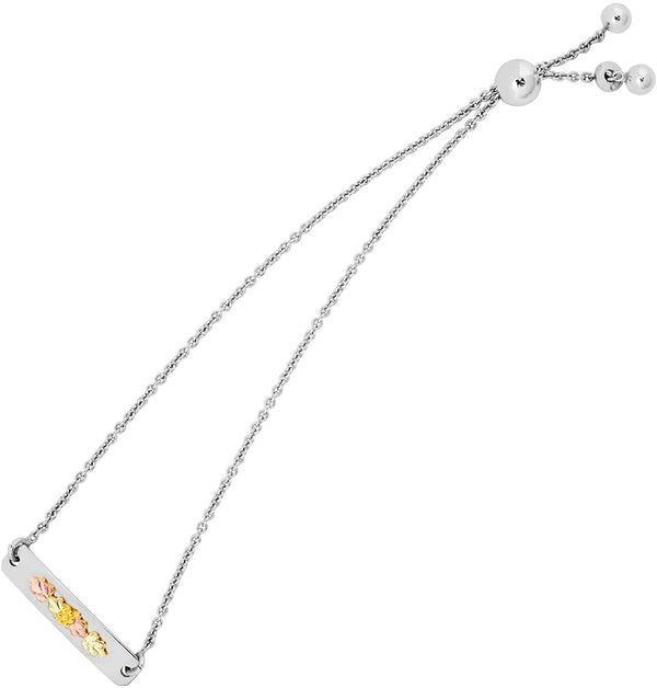Black Hills Gold Adjustable Bar Bracelet, Sterling Silver with 12K Green and Rose Gold Grapevine Leaves, Women's Sliding Bolo Bracelet Adjustable 6 to 8 Inches