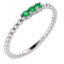 Emerald Beaded Ring, Rhodium-Plated 14k White Gold, Size 6