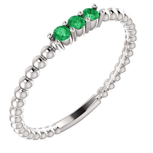 Platinum Chatham Created Emerald Beaded Ring, Size 7.25
