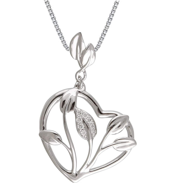 Diamond Heart-Shaped Leaf Design 14k White Gold Pendant Necklace,18" (.05 Cttw)