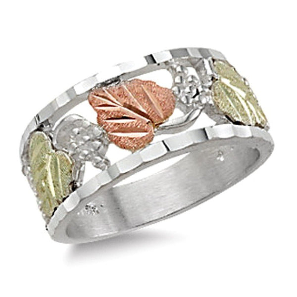 Diamond-Cut Band Ring, Sterling Silver, 12k Green and Rose Gold Black Hills Gold Motif