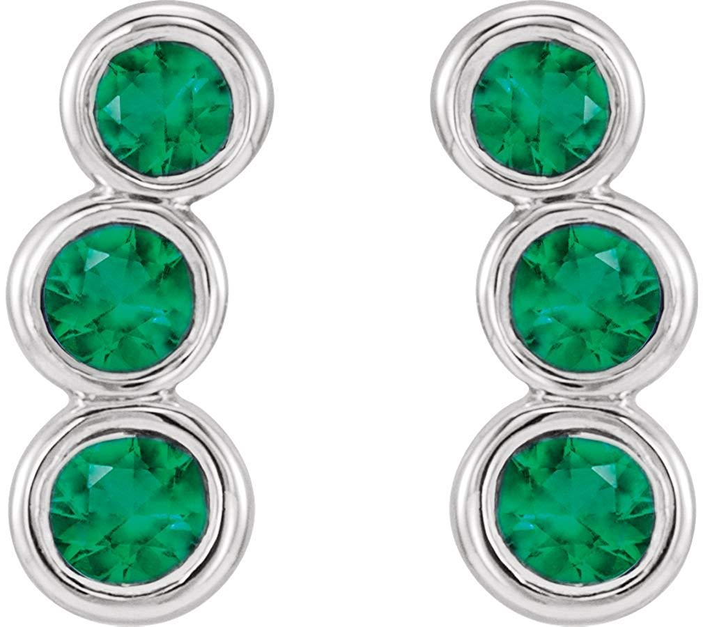 Chatham Created Emerald Three-Stone Ear Climbers, Rhodium-Plated 14k White Gold