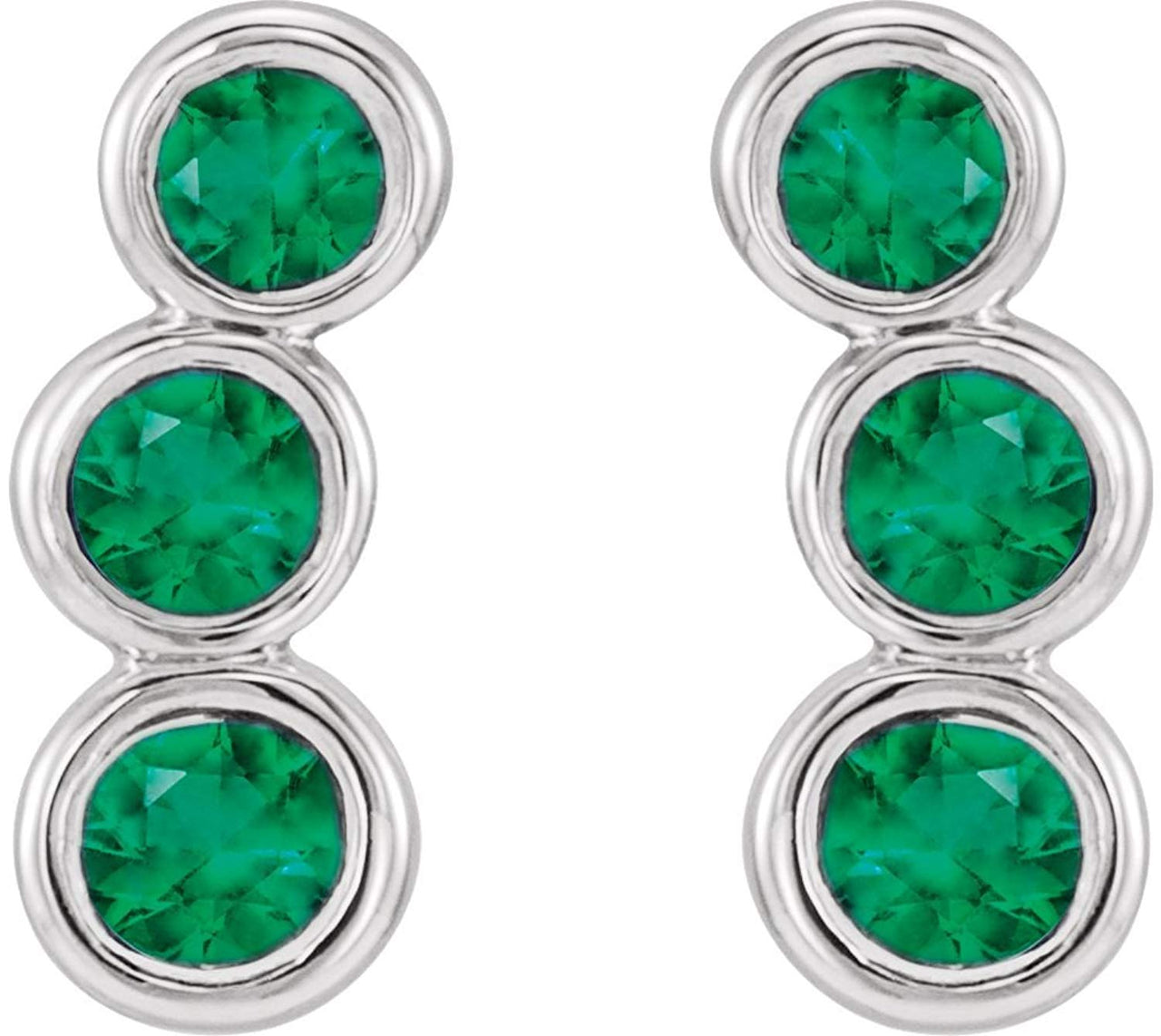 Emerald Three-Stone Ear Climbers, Rhodium-Plated 14k White Gold