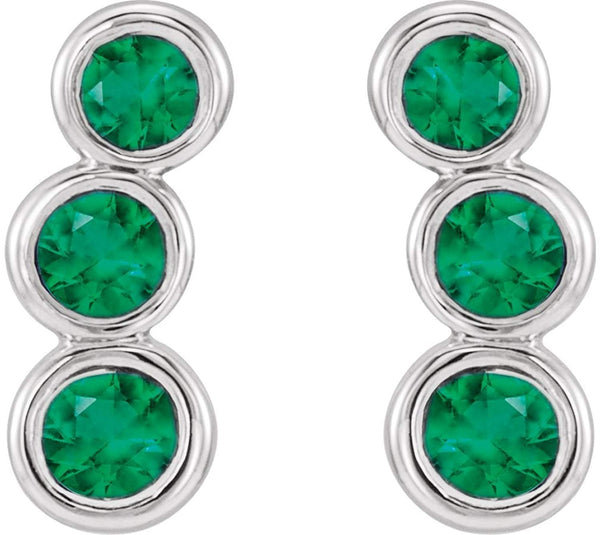 Emerald Three-Stone Ear Climbers, Rhodium-Plated 14k White Gold