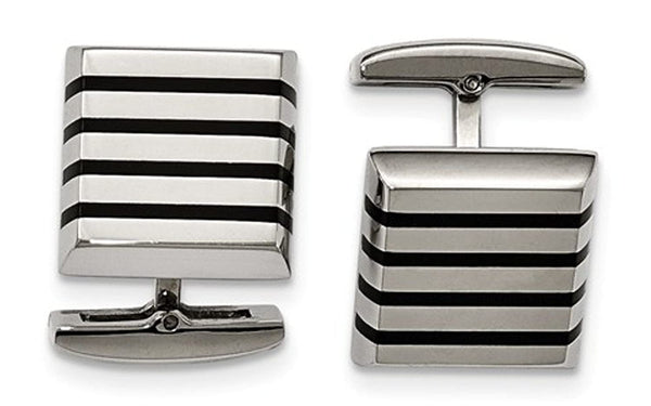 Stainless Steel Polished Black Rubber, Whale Back, Square Cuff Links