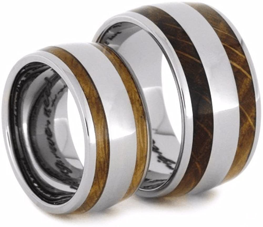 Oak Whiskey Barrel Wood, Titanium Stripe Inlay and His and Hers Titanium Wedding Band Set, M8.5-F8