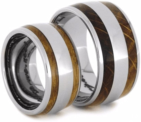 Oak Whiskey Barrel Wood, Titanium Stripe Inlay and His and Hers Titanium Wedding Band Set, M13-F6