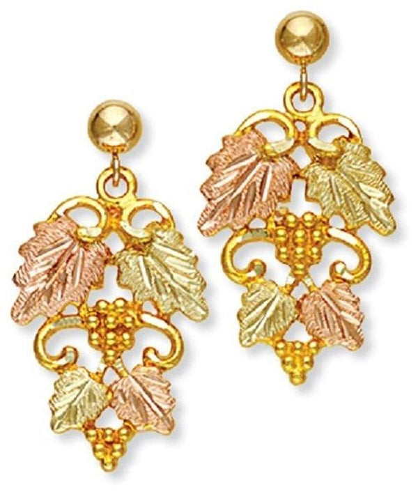 Diamond-Cut Grape Leaf Drop Earrings, 10k Yellow Gold, 12k Green and Rose Gold Black Hills Gold Motif