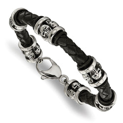 Men's Polished Stainless Steel Antiqued Skull Black Braided Leather Bracelet, 8.5"