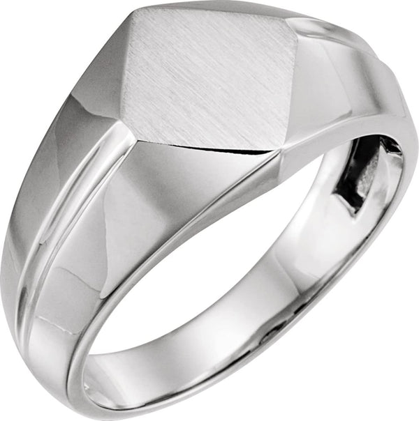 Men's Satin-Brushed Diamond-Shaped Signet Ring, Rhodium-Plated 14k White Gold, Size 10