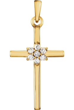 7-Stone Diamond Cluster Christian Cross 14k Yellow Gold Pendant (.07 Ctw) 22.80X11.30MM