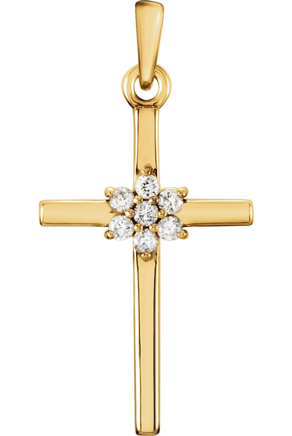 7-Stone Diamond Cluster Christian Cross 14k Yellow Gold Pendant (.07 Ctw) 22.80X11.30MM