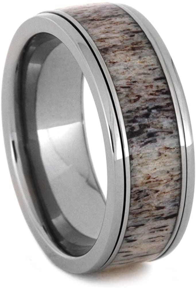 Deer Antler Spinner Ring, 8mm Comfort-Fit Titanium Ring, Size 14.5