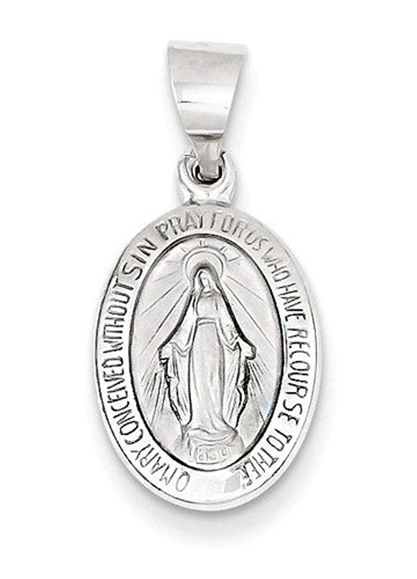 Rhodium-Plated 14k White Gold Satin Miraculous Medal Charm Pendant (18X11 MM)