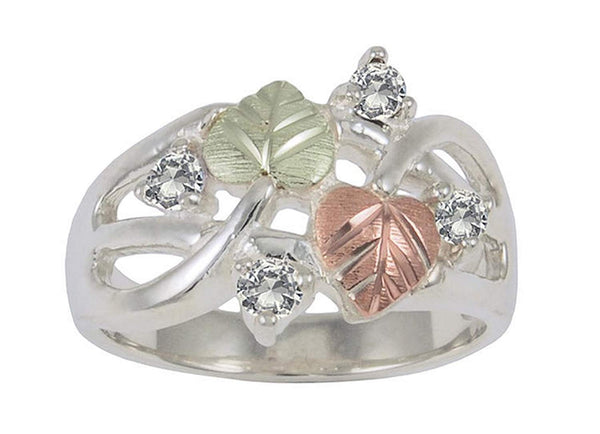 Sterling Silver Sparkling CZ Grape Vine Band with 12k Rose and Green Gold, Sizes 4, 4.5, 5, 5.5, 6, 6.5, 7, 7.5, 8, 8.5, 9