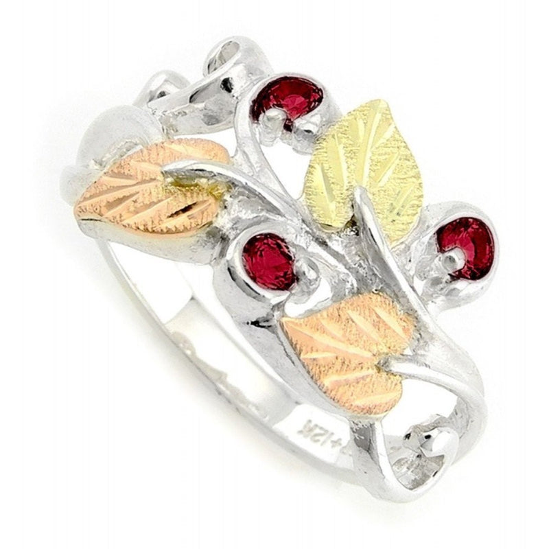 Lab Created Ruby July Birthstone Ring, Sterling Silver, 12k Green and Rose Gold Black Hills Gold Motif, Size 10
