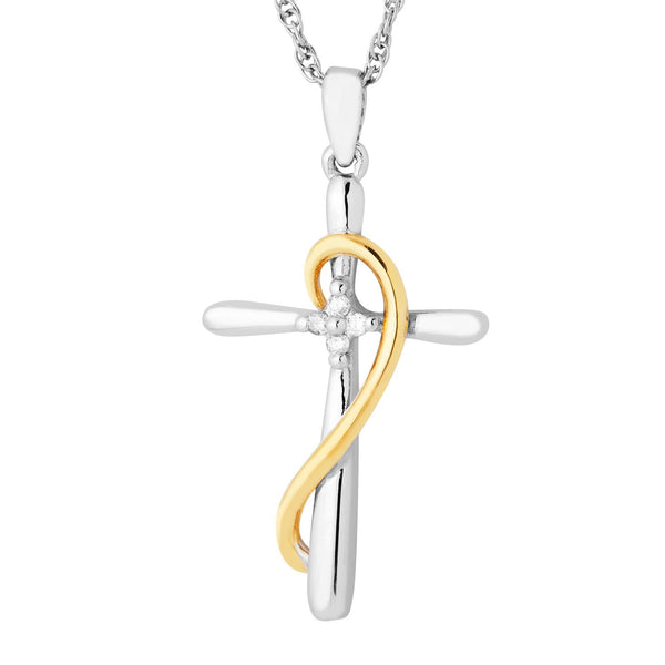 Diamond Cross Embrace Pendant Necklace, 10k Yellow Gold, Rhodium Plated Sterling Silver, 18"