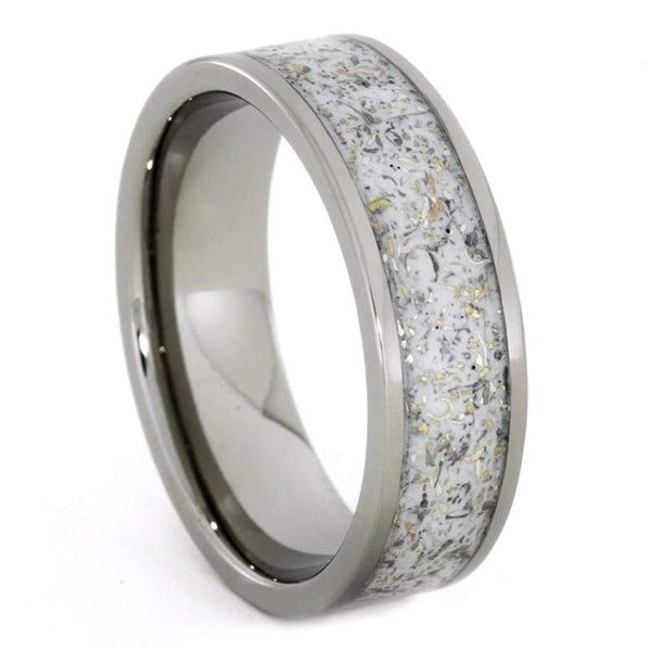 Black and White Stardust Band with Meteorite and Gold 7mm Comfort-Fit Titanium Couples Wedding Band Set