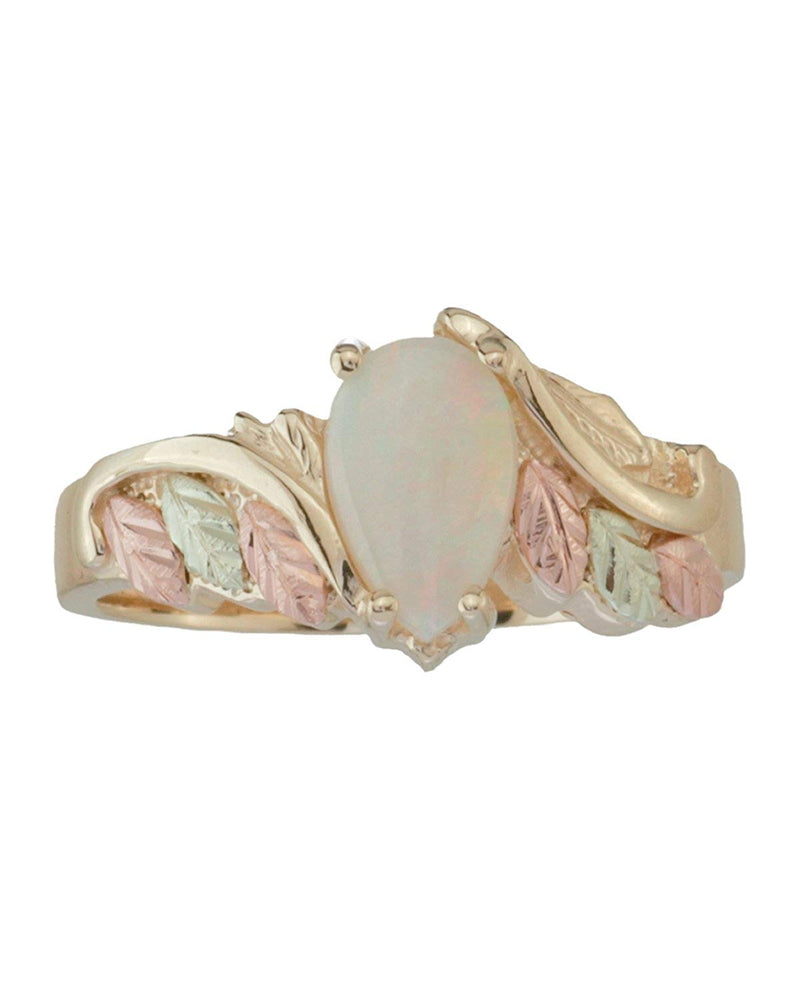 Opal Pear Cabochon Ring, 10k Yellow Gold, 12k Green and Rose Gold Black Hills Gold Motif, Size 10