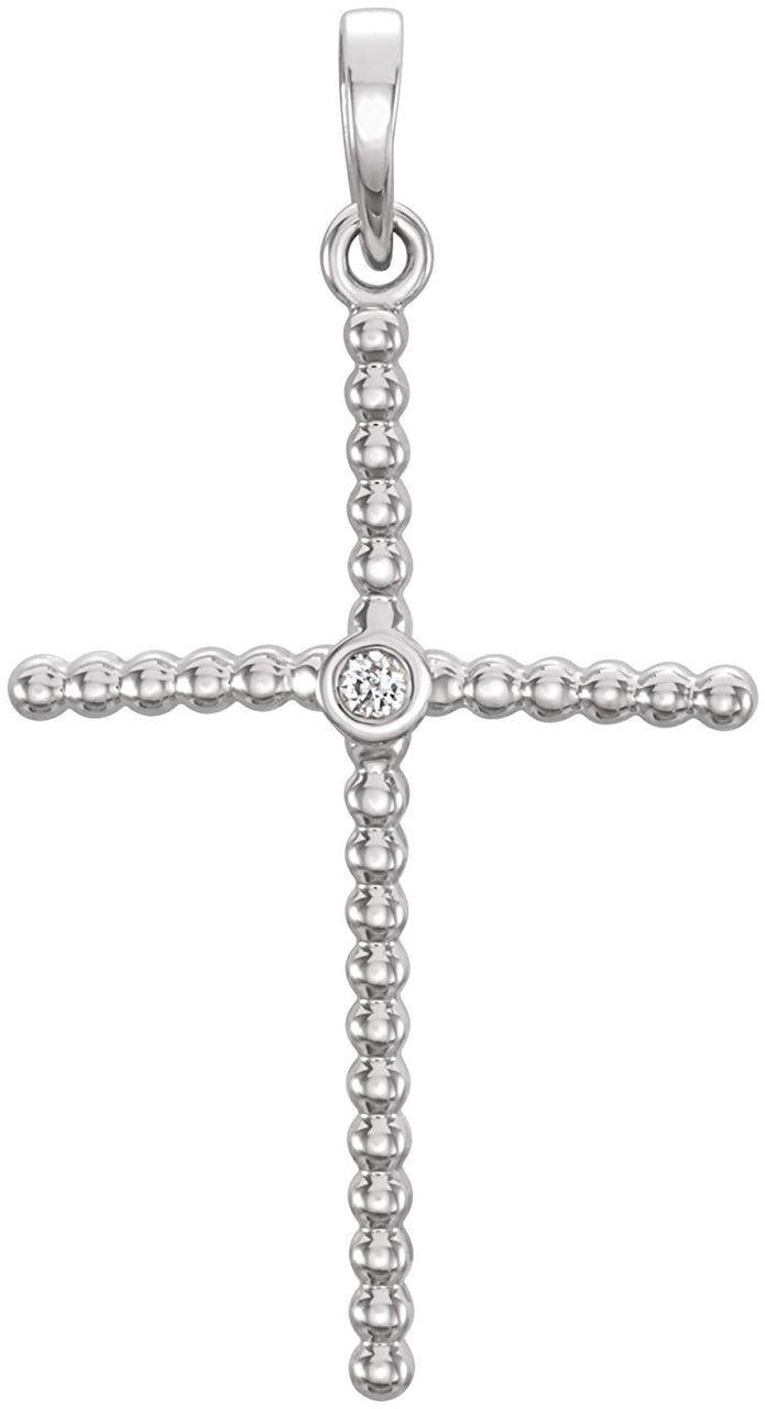 Diamond Beaded Cross Rhodium-Plated 14k White Gold Pendant (.02 Ct, G-H Color, I1 Clarity)