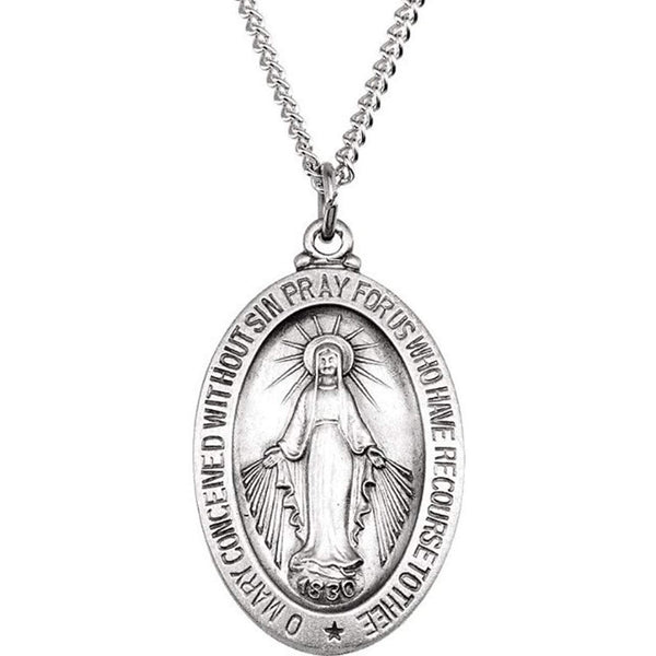 Sterling Silver Oval Miraculous Medal Necklace, 18" (23x16 MM)