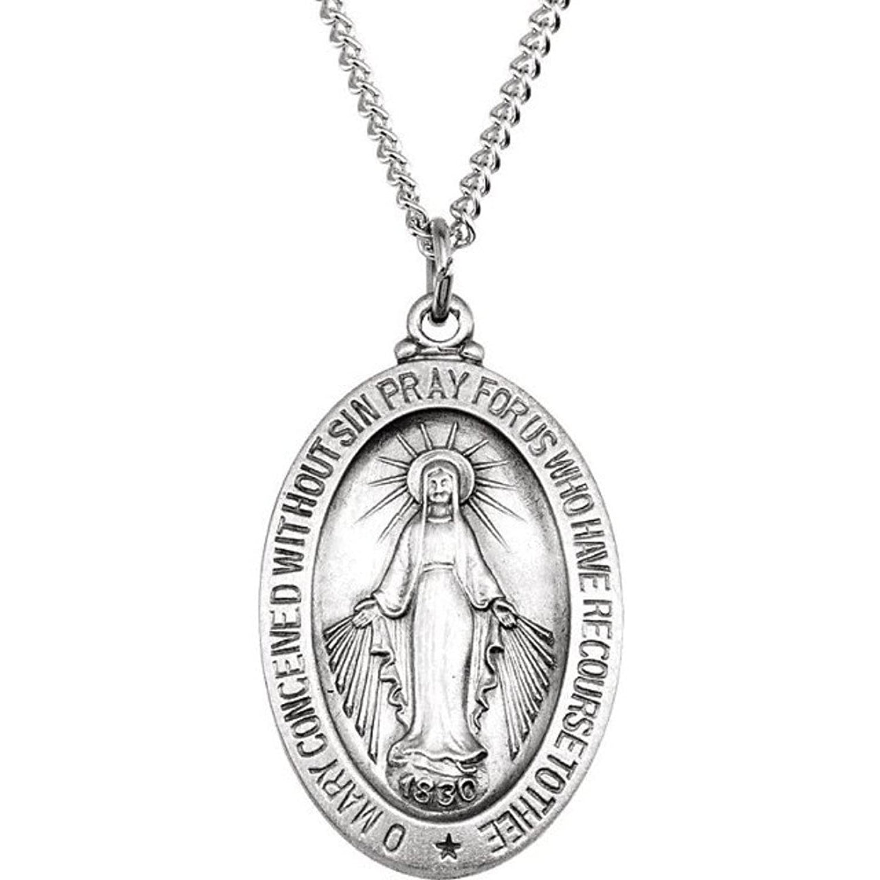 Sterling Silver Oval Miraculous Medal Necklace, 18" (14.75x11 MM)