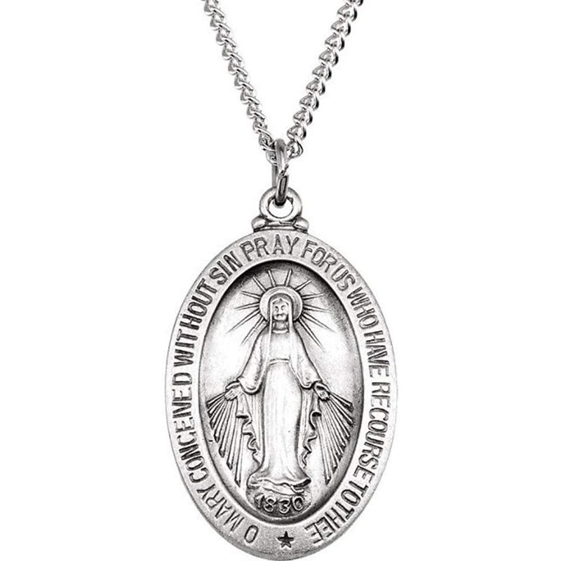 Sterling Silver Oval Miraculous Medal Necklace, 18" (23x16 MM)