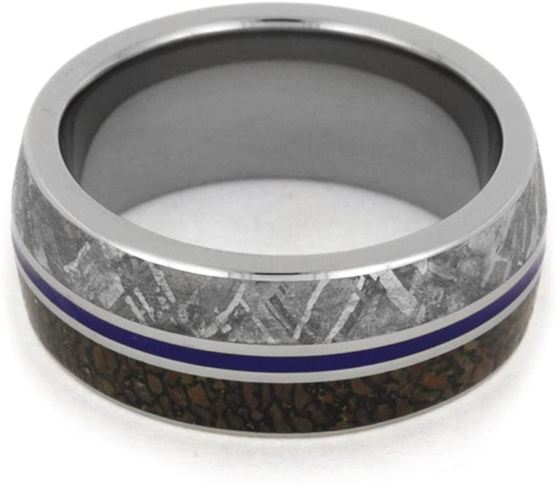 Gibeon Meteorite, Dinosaur Bone, Blue Pinstripe 9mm Comfort Fit Titanium Band, Size 15.25