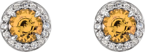 Citrine and Diamond Halo-Style Earrings, Rhodium-Plated 14k White Gold (4.5 MM) (.16 Ctw, G-H Color, I1 Clarity)