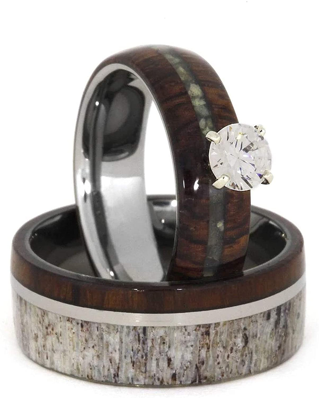 Ladies Diamond, Mother of Pearl, Ironwood 10k White Gold Ring and Men's Deer Antler, Ironwood Titanium Band, Couples Wedding Set, M814-F4