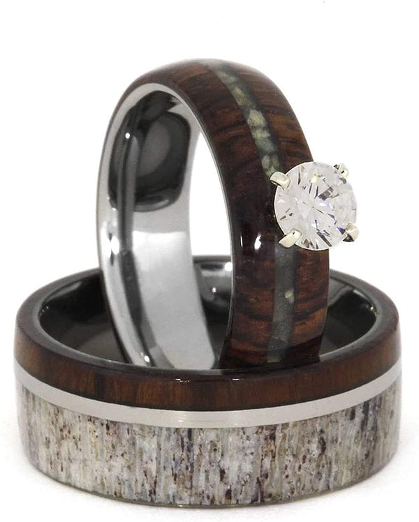 Ladies Diamond, Mother of Pearl, Ironwood 10k White Gold Ring and Men's Deer Antler, Ironwood Titanium Band, Couples Wedding Set, M812.5-F8