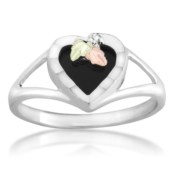 Onyx Heart Ring, Sterling Silver, 12k Green and Rose Gold Black Hills Gold Motif