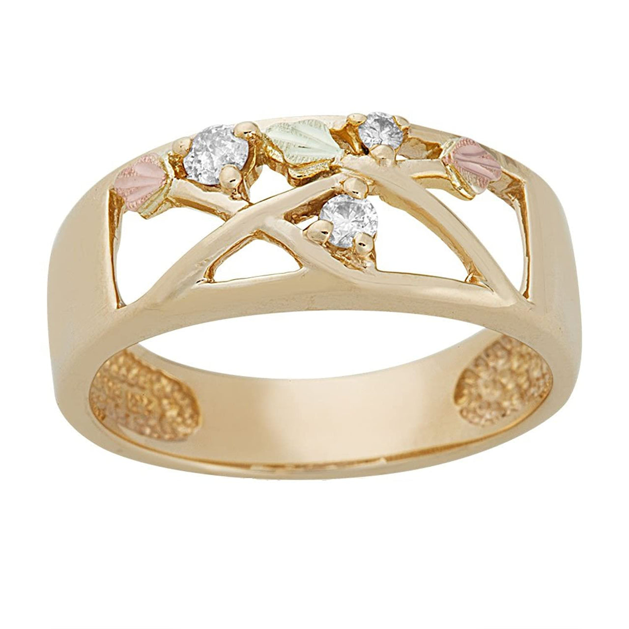 Three-Stone Diamond Journey Band, 10k Yellow Gold, 12k Green and Rose Gold Black Hills Gold Motif (.125 Ctw)