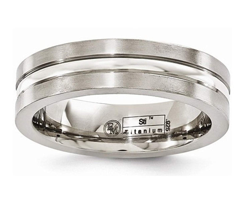 Silver Inlay Collection Brushed Gray Titanium, Argentium Silver Inlay 6mm Flat Band